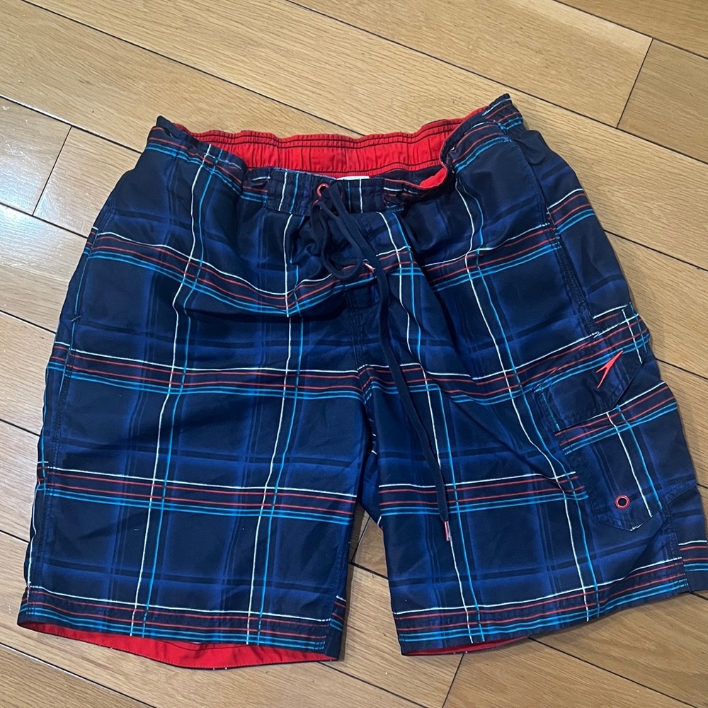 Speedo Men's Plaid Swim Shorts - Navy and Red